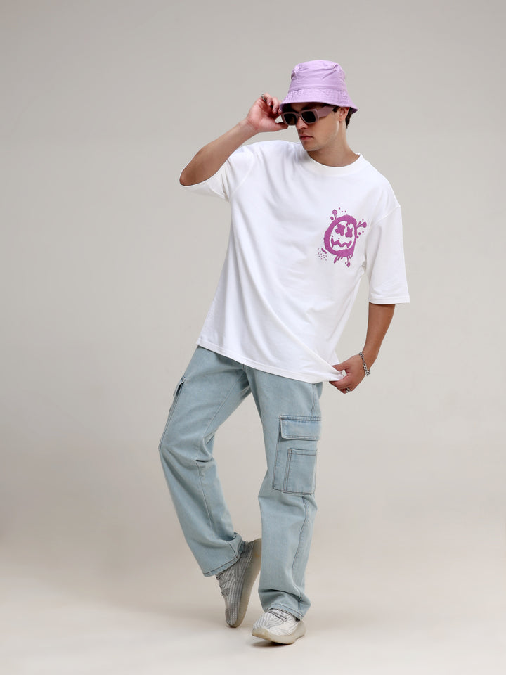 WHITE GRAFFITI SMILEY OVERSIZED T-SHIRT