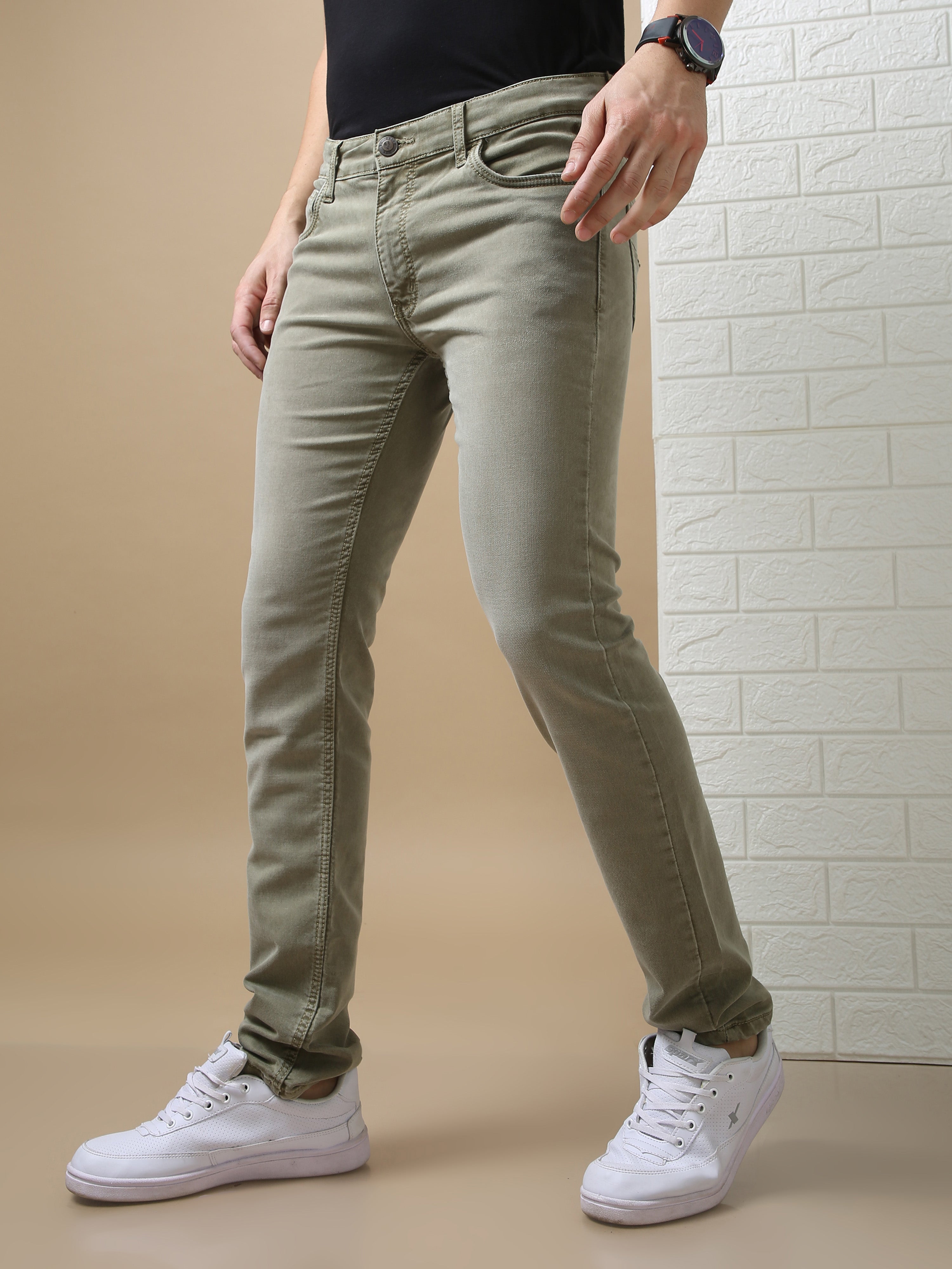 Olive Green Boot-cut Jeans With Zipper Bottom For Mens – Mode De Base Italie