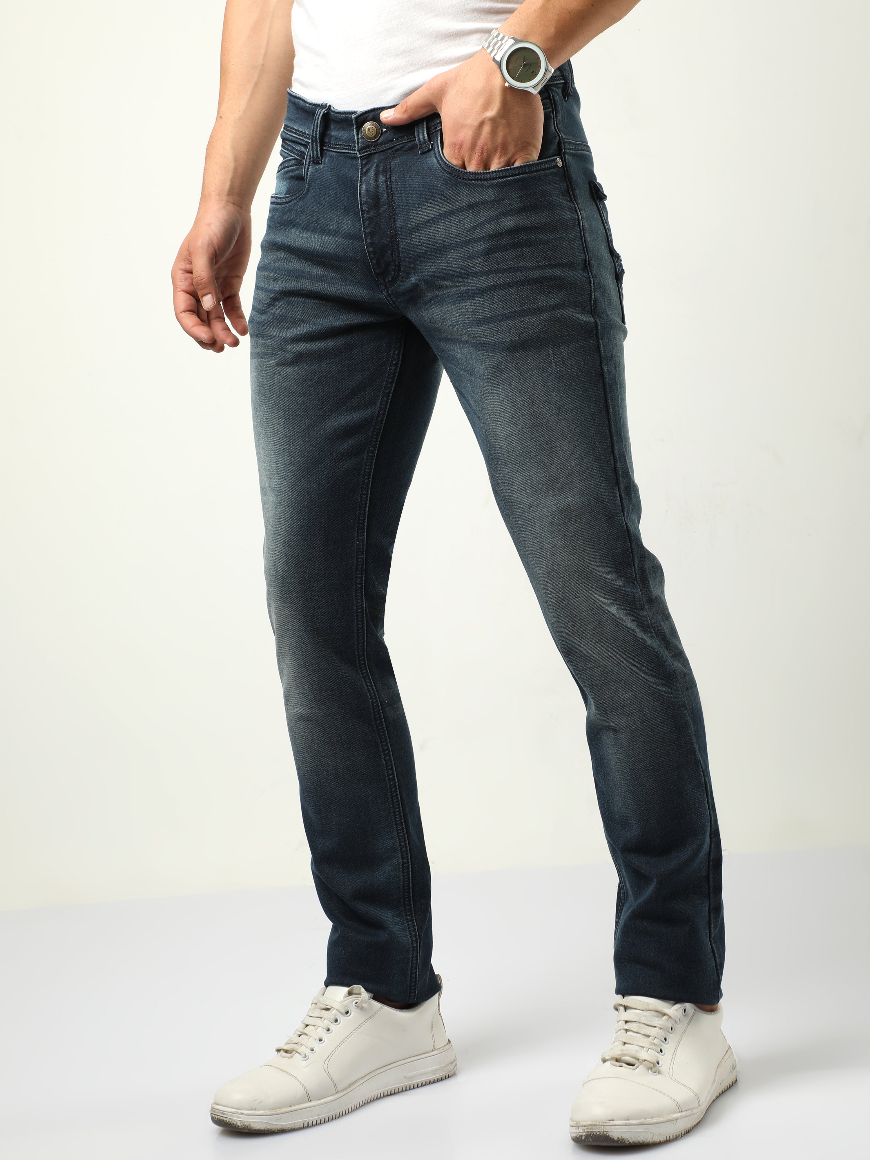 Rare Rabbit Men's Macher Dark Navy Dark Wash Mid-Rise Slim Fit Jeans