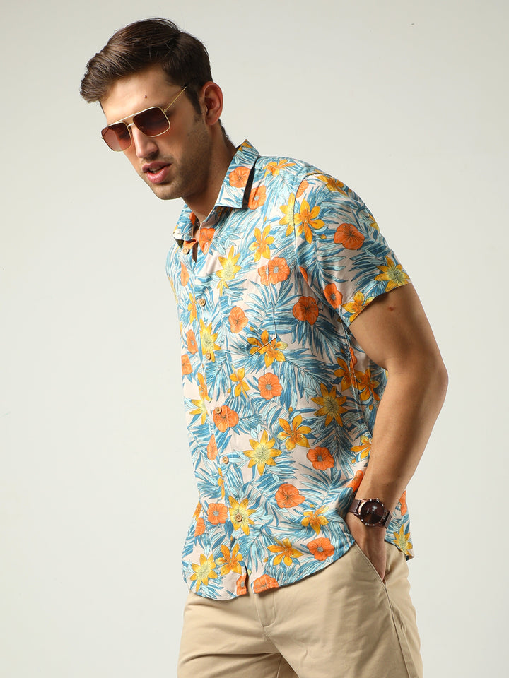 Yellow & Blue Tropical Print Shirt