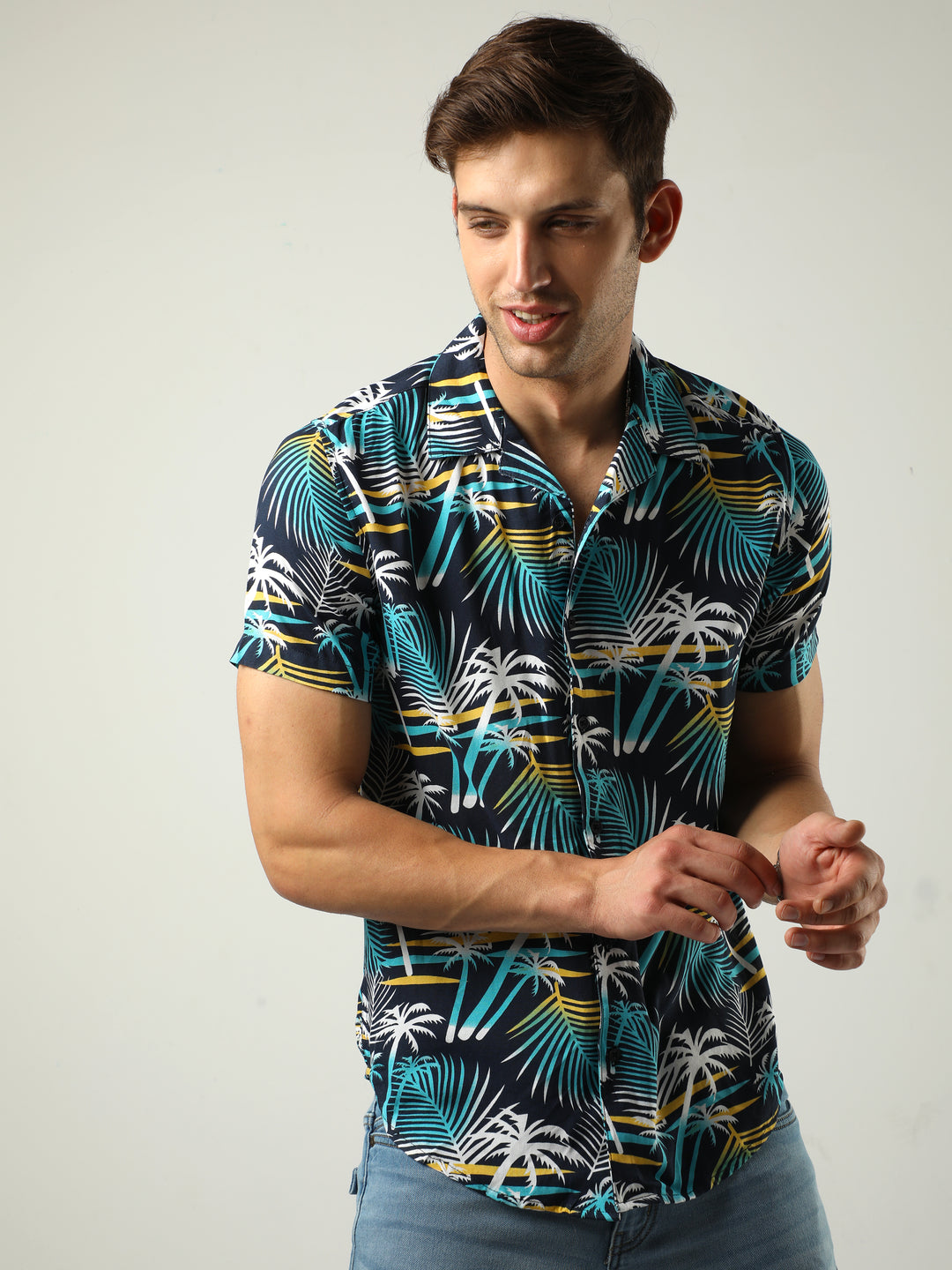 VUDUBlue Tropical Print ShirtRegular Fit