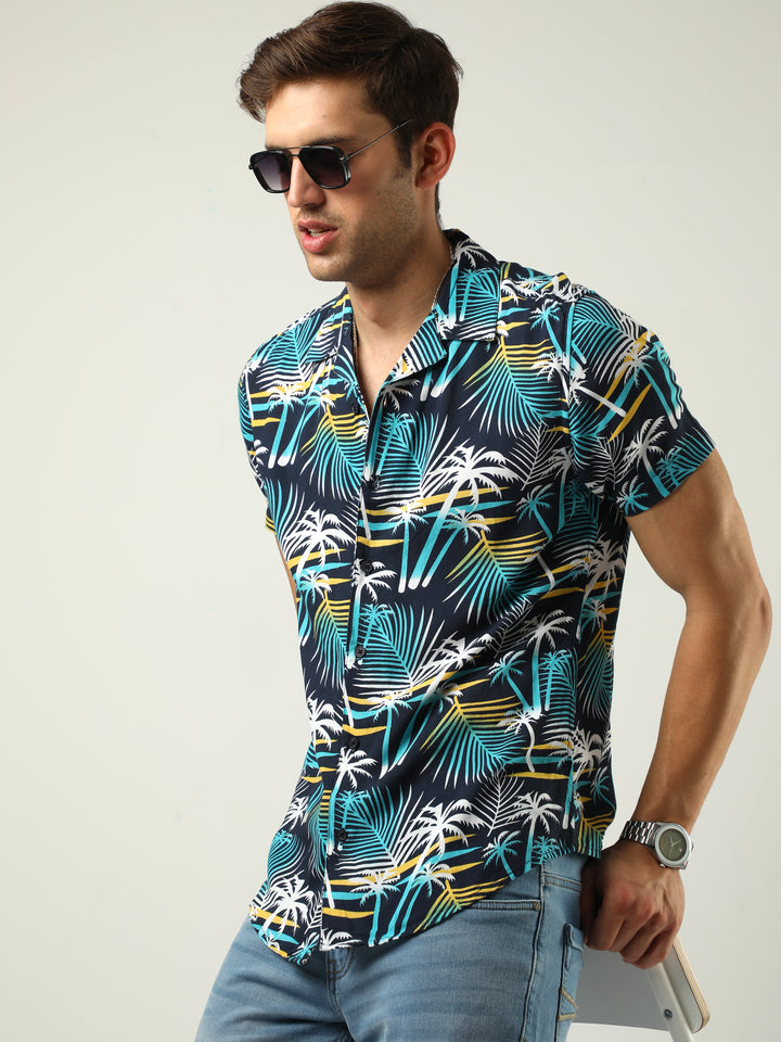 VUDUBlue Tropical Print ShirtRegular Fit