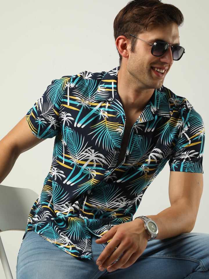 VUDUBlue Tropical Print ShirtRegular Fit