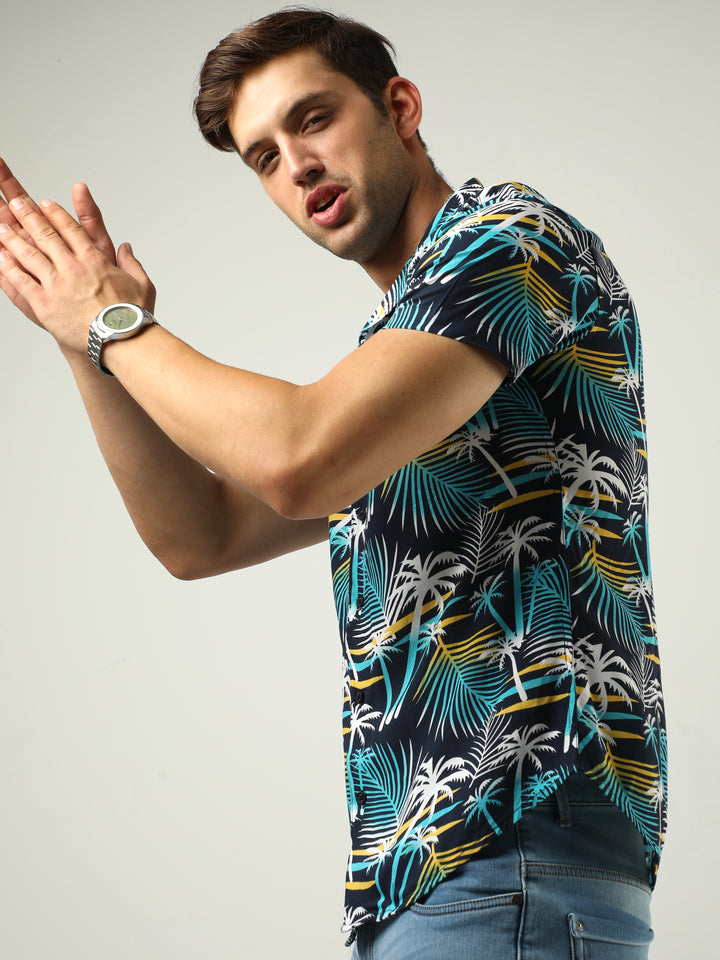 VUDUBlue Tropical Print ShirtRegular Fit