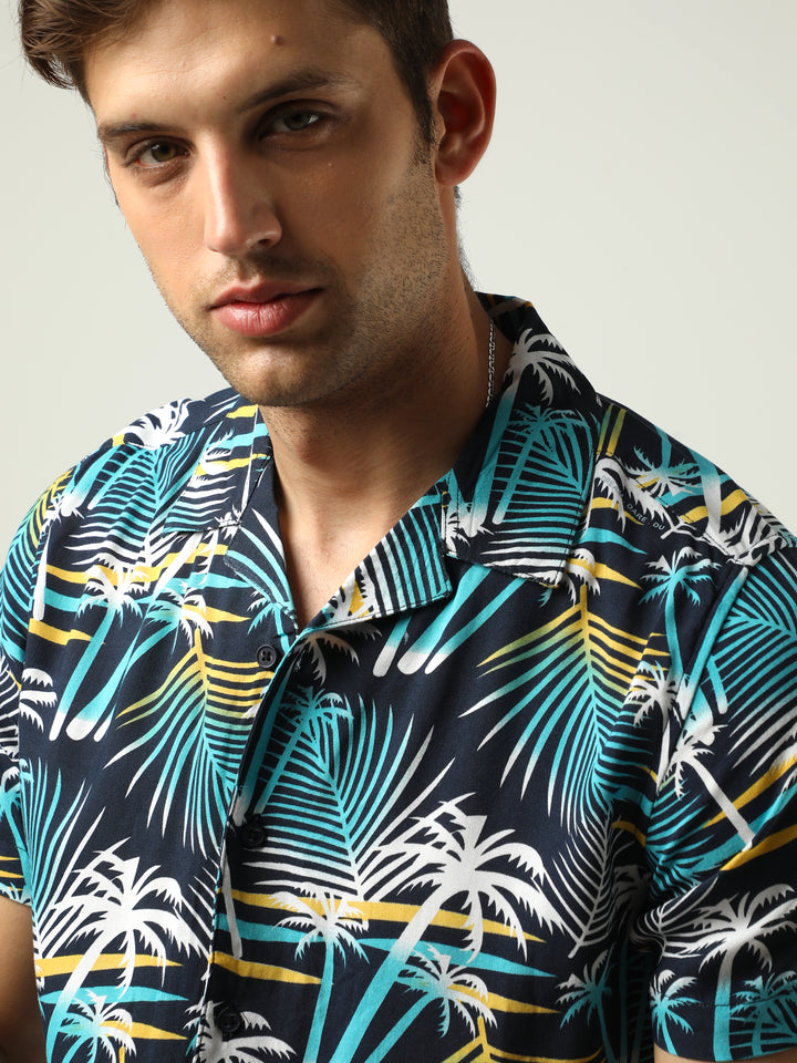 VUDUBlue Tropical Print ShirtRegular Fit