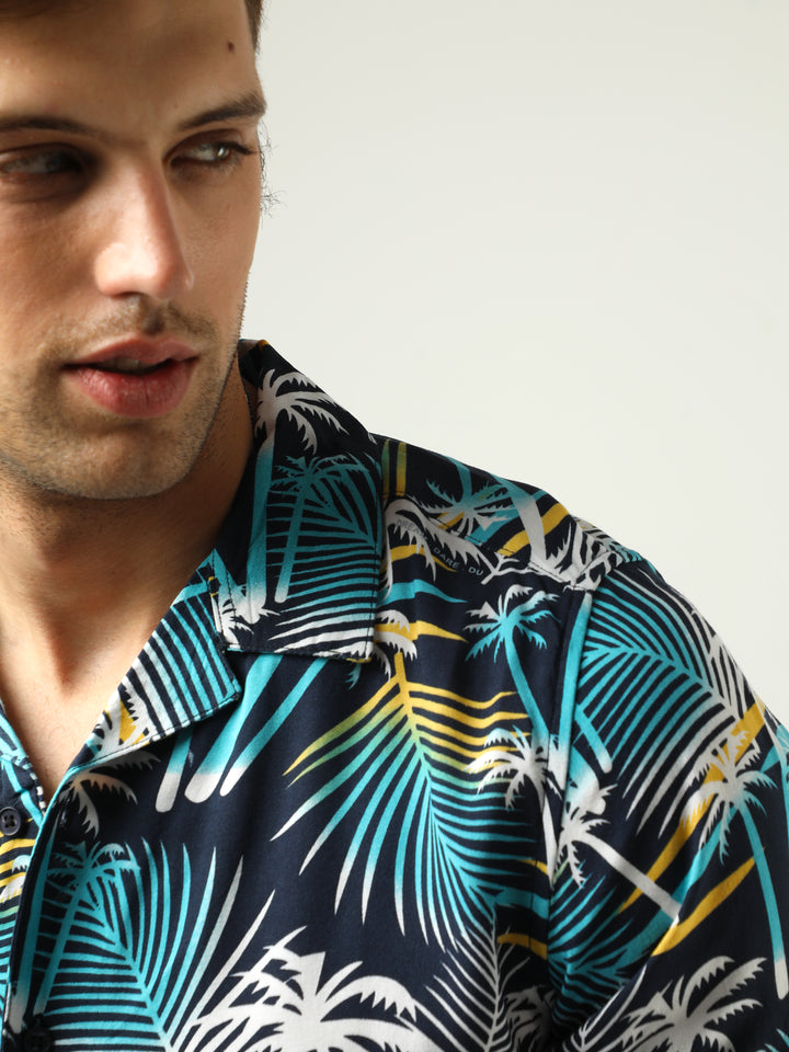 VUDUBlue Tropical Print ShirtRegular Fit