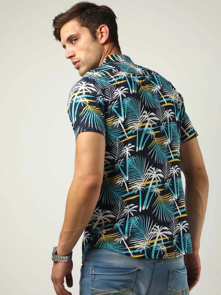 VUDUBlue Tropical Print ShirtRegular Fit