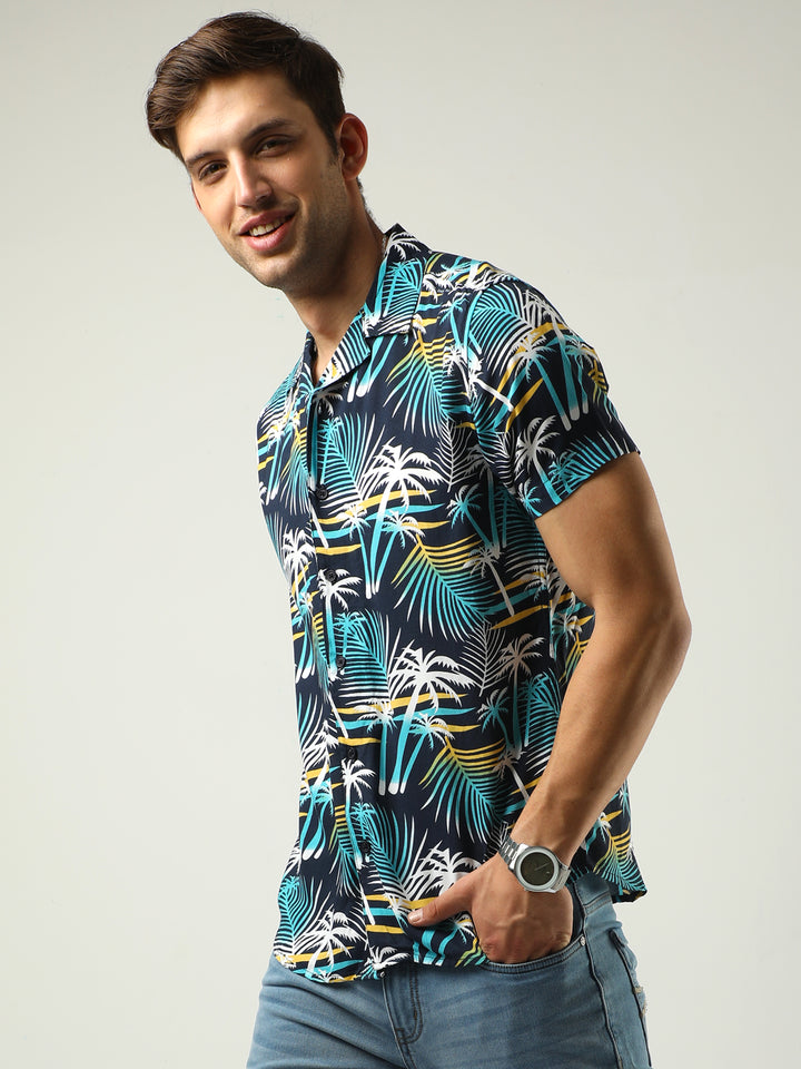 VUDUBlue Tropical Print ShirtRegular Fit