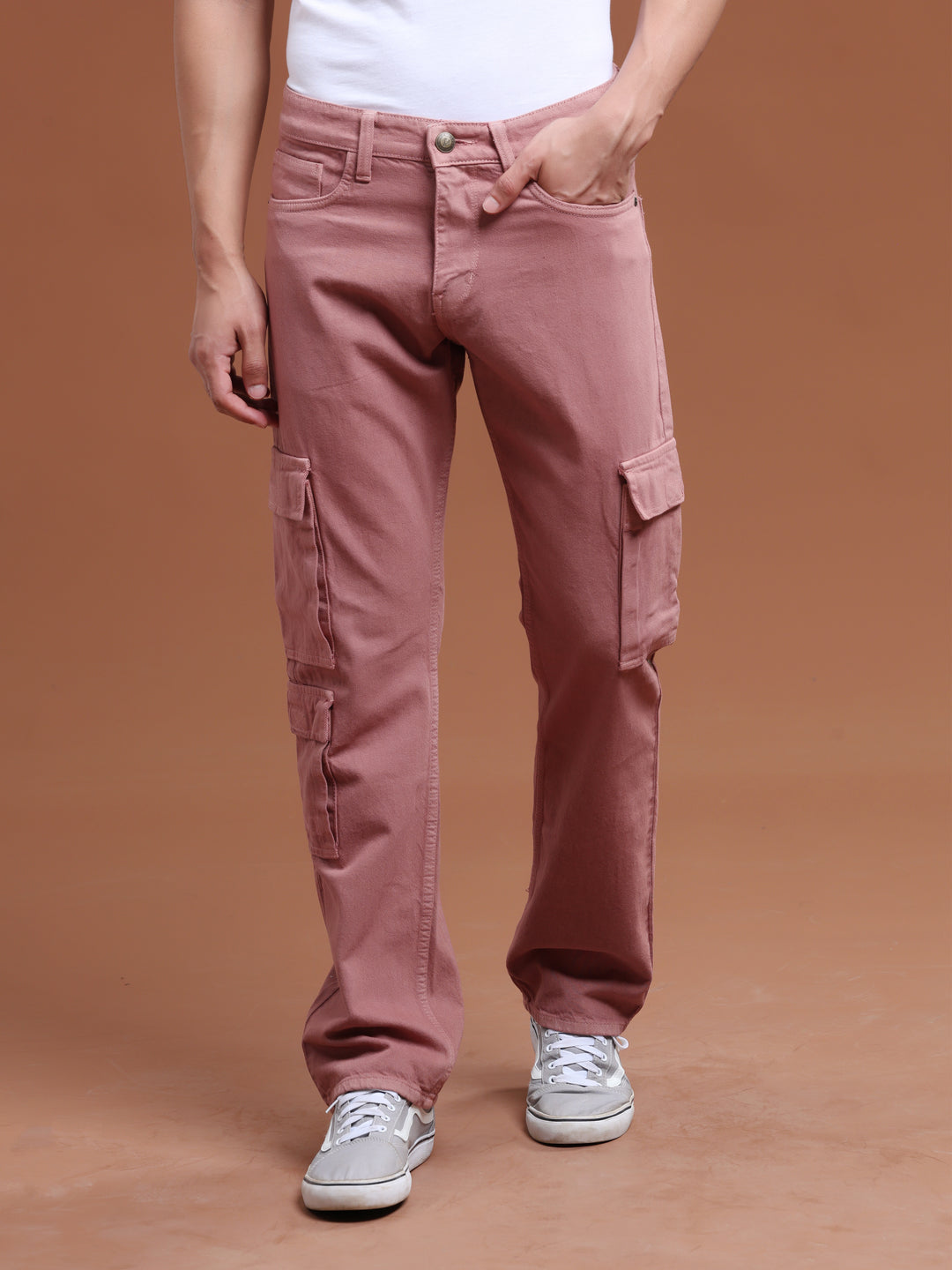 VUDUBlush Pink Denim Cargo PantsComfort Fit