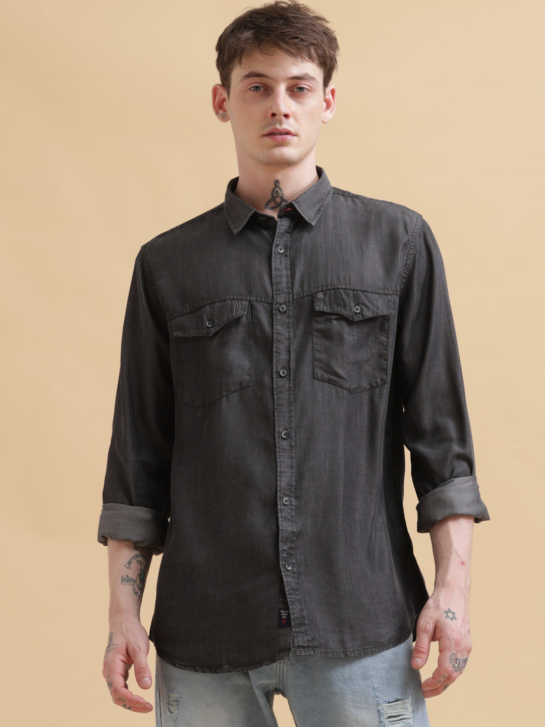 VUDUClassic Black Denim OvershirtRegular Fit