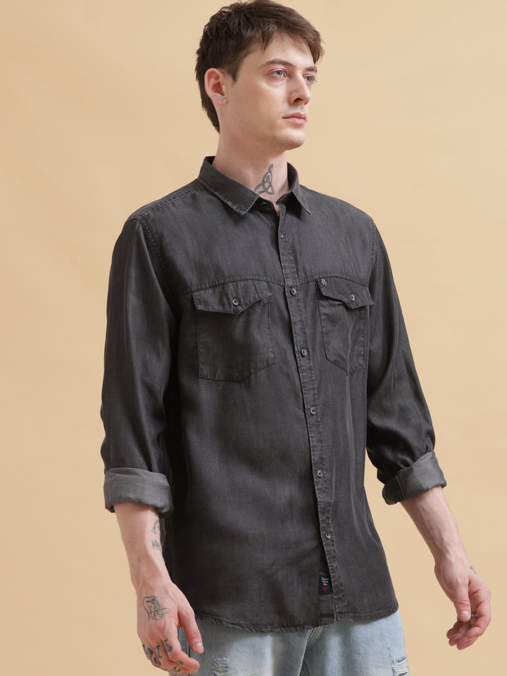 VUDUClassic Black Denim OvershirtRegular Fit