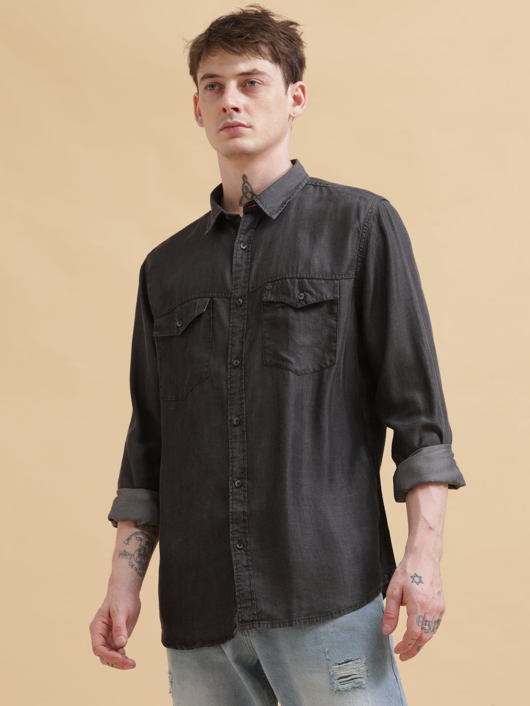 VUDUClassic Black Denim OvershirtRegular Fit