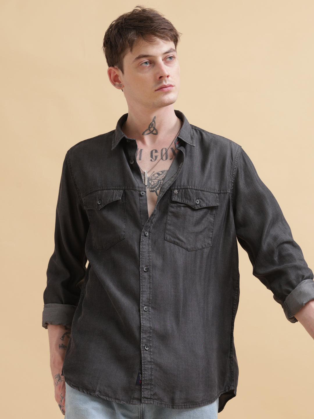 VUDUClassic Black Denim OvershirtRegular Fit