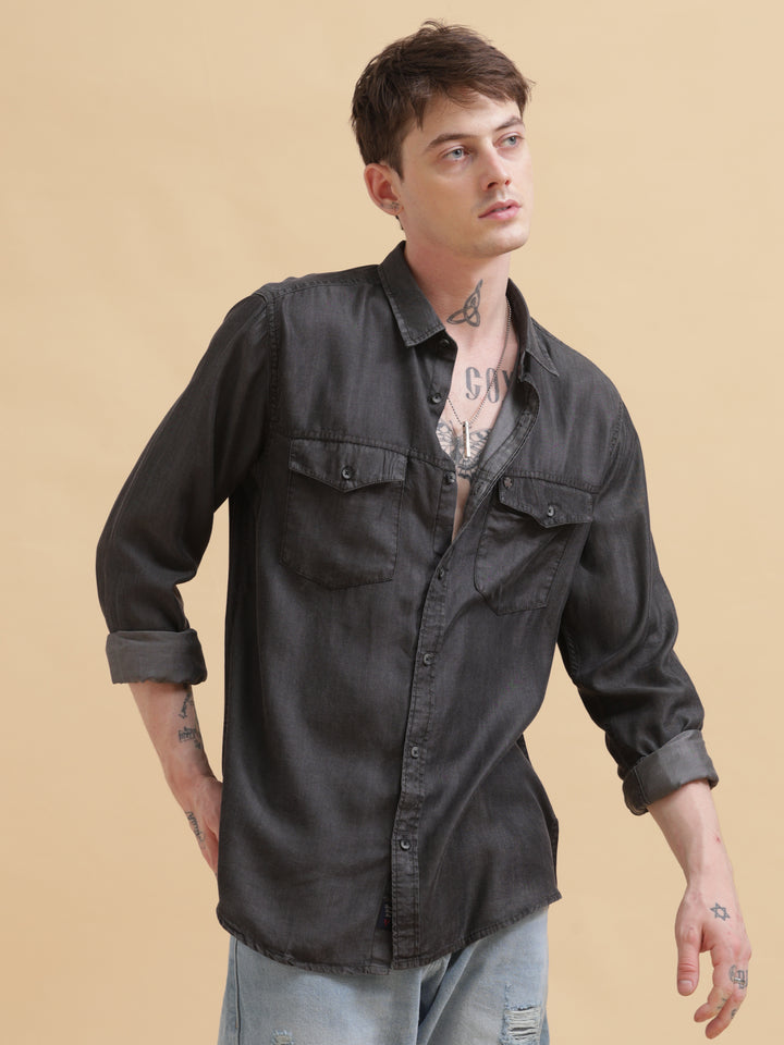 VUDUClassic Black Denim OvershirtRegular Fit