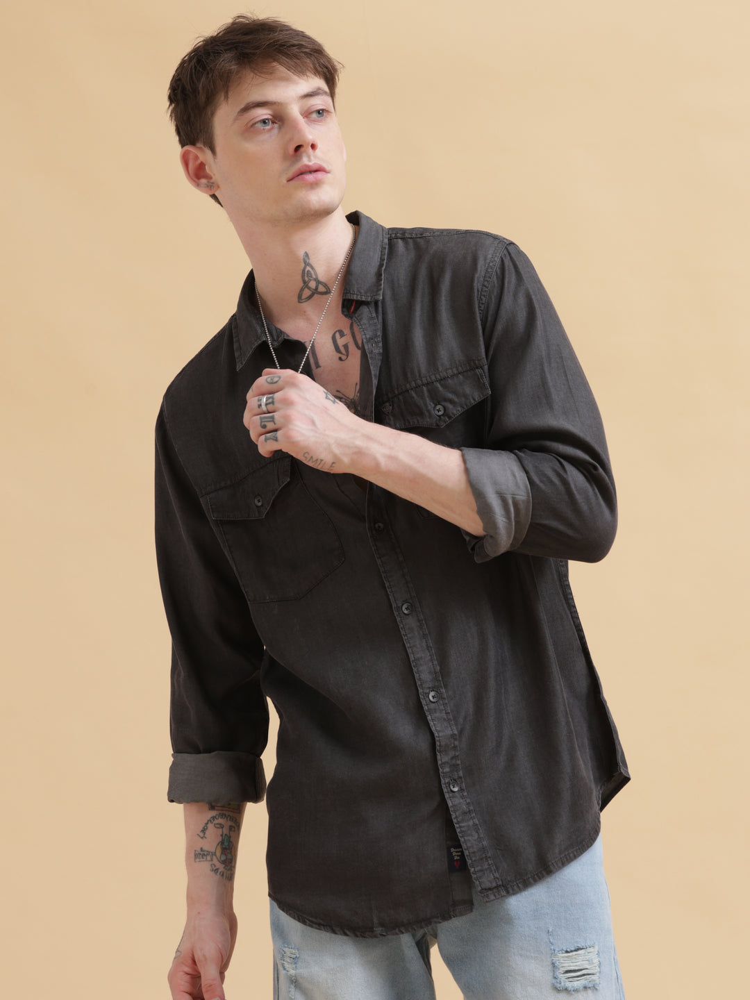 VUDUClassic Black Denim OvershirtRegular Fit