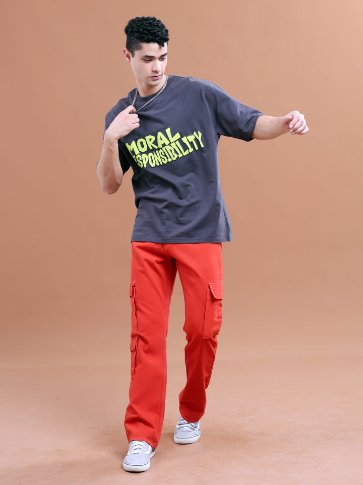 VUDUCrimson Red Denim Cargo PantsComfort Fit