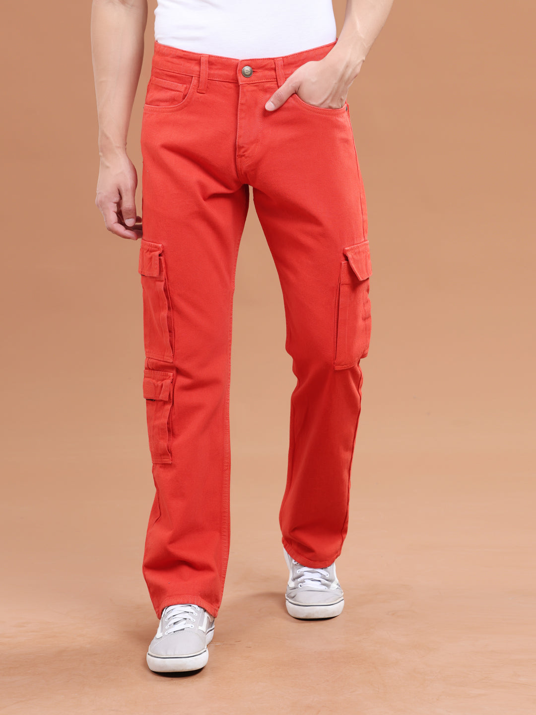 VUDUCrimson Red Denim Cargo PantsComfort Fit