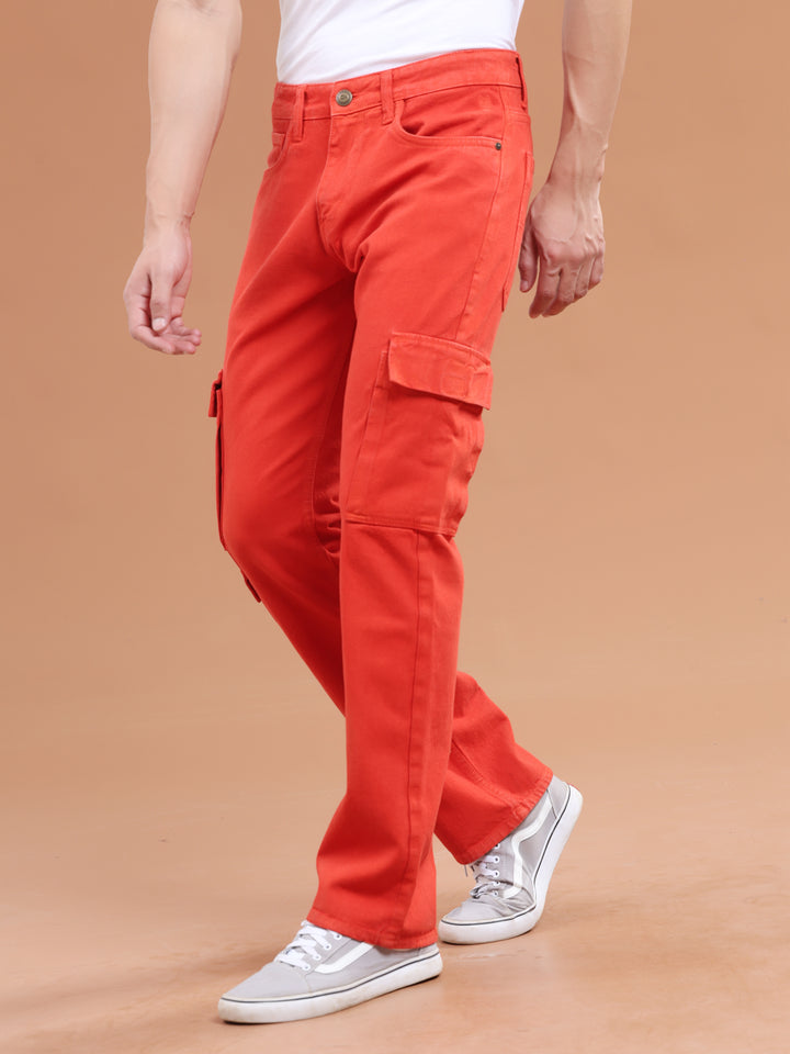 VUDUCrimson Red Denim Cargo PantsComfort Fit