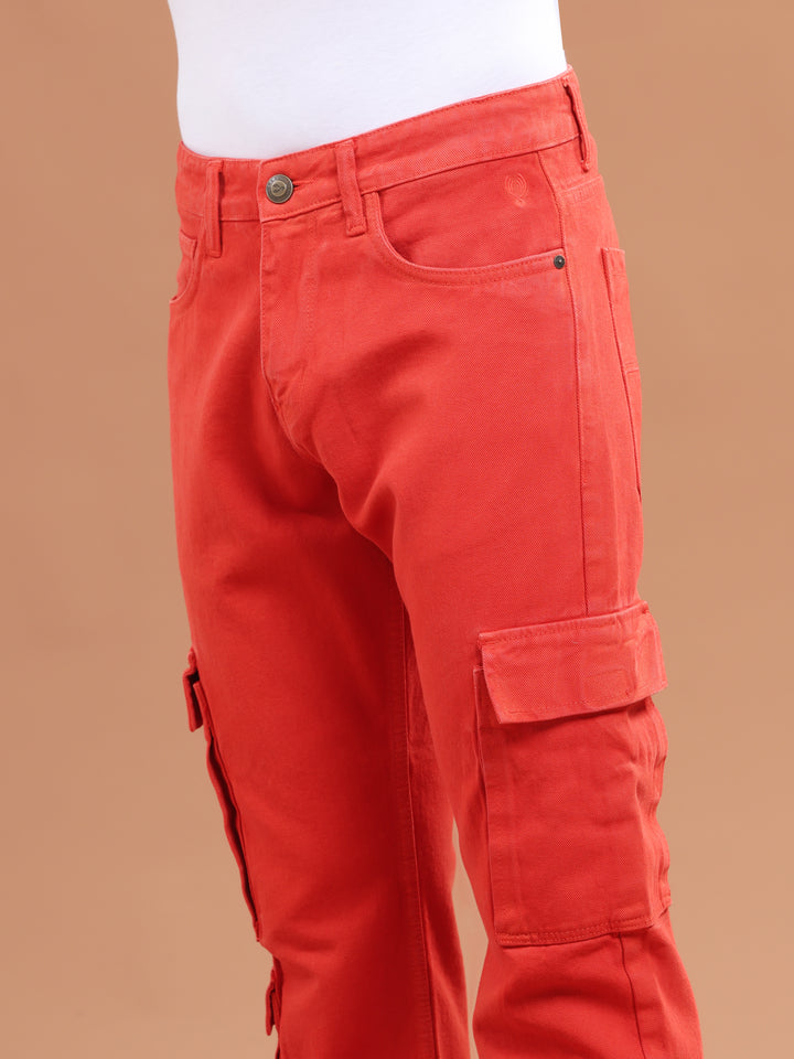 VUDUCrimson Red Denim Cargo PantsComfort Fit