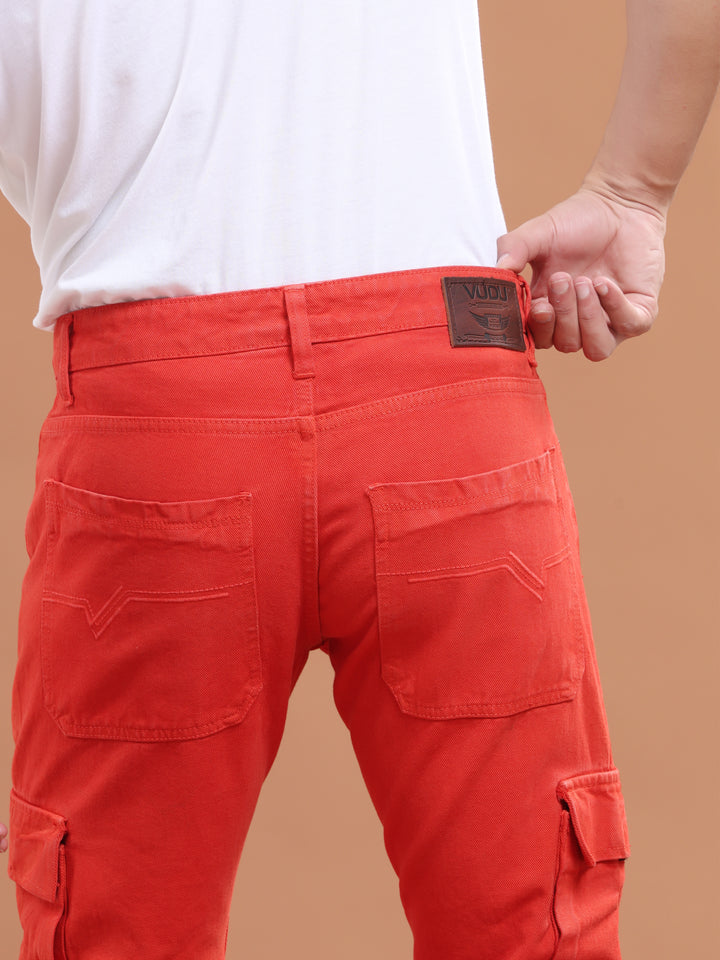 VUDUCrimson Red Denim Cargo PantsComfort Fit