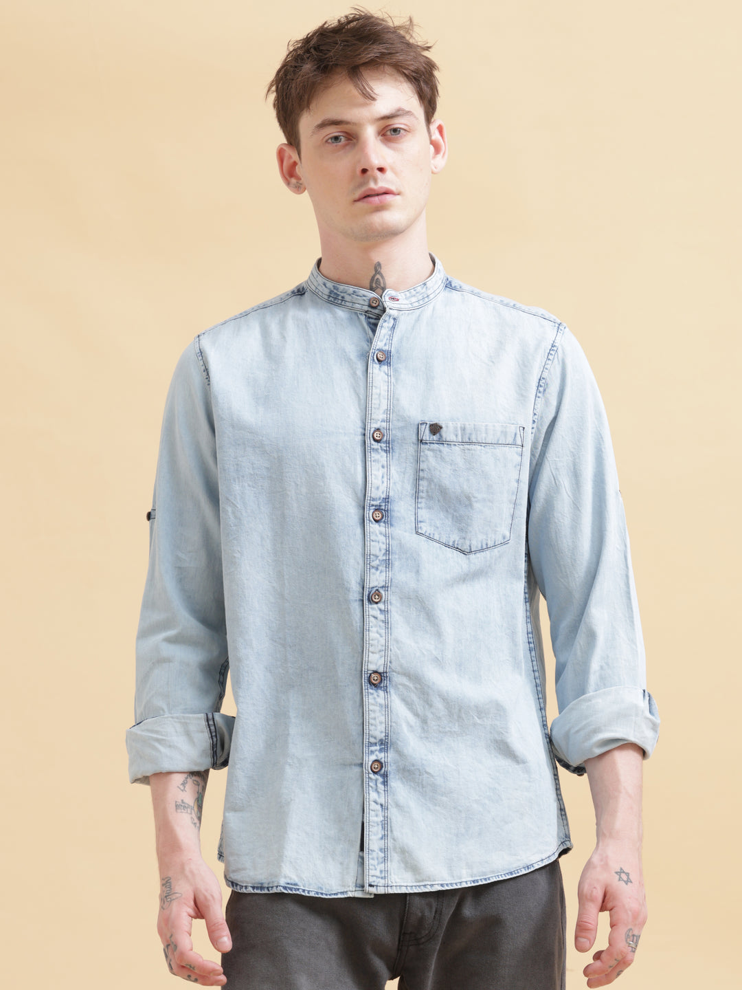 VUDUDenim Mandarin Collar ShirtRegular Fit