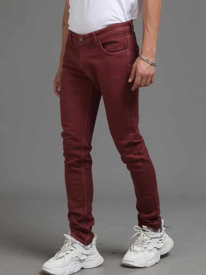 VUDUMaroon Luxe DenimSlim Fit