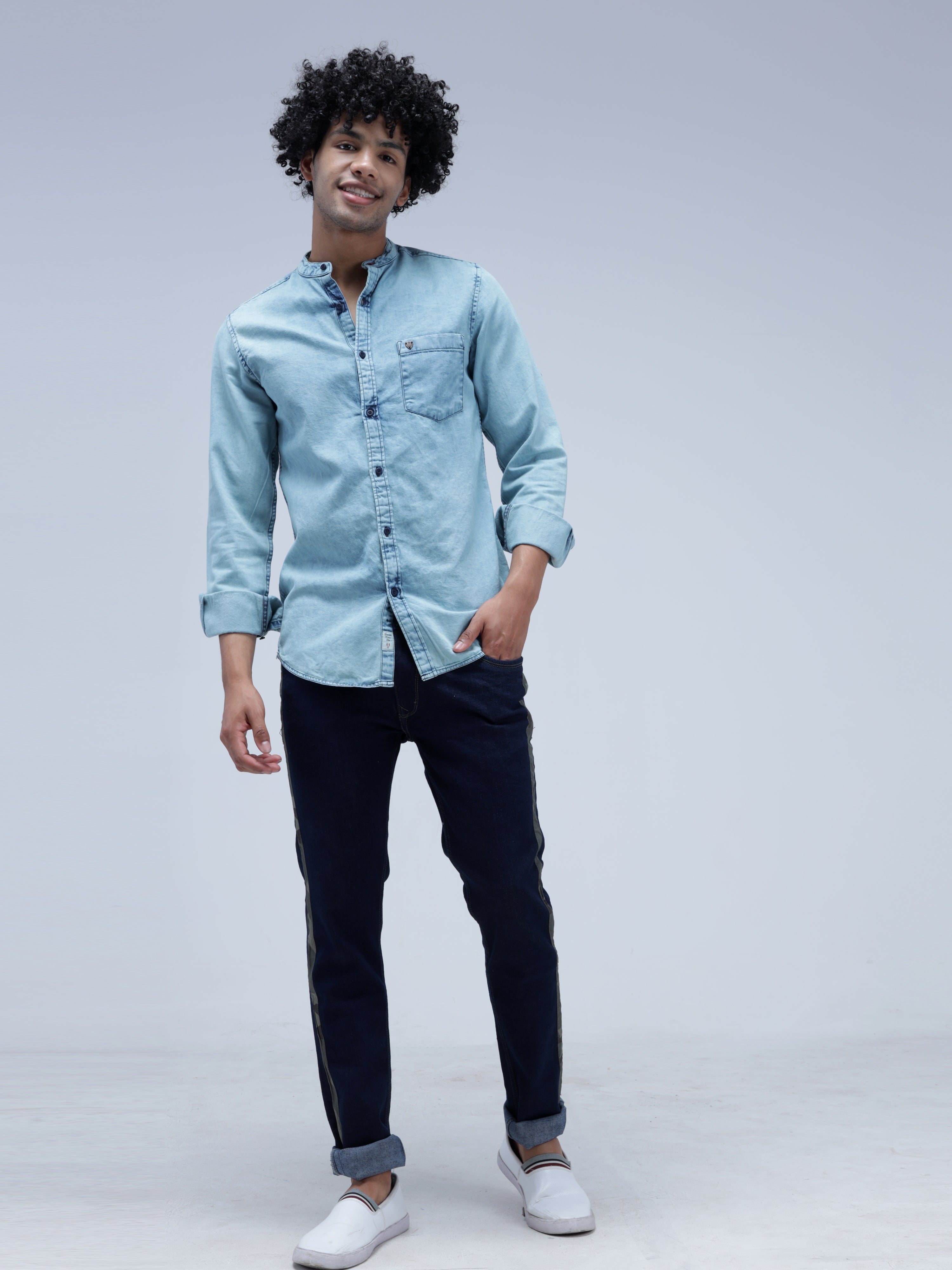 Buy Online|Spykar Men Mid Blue Cotton Regular Slim Fit Full Sleeve Casual Denim  Shirt