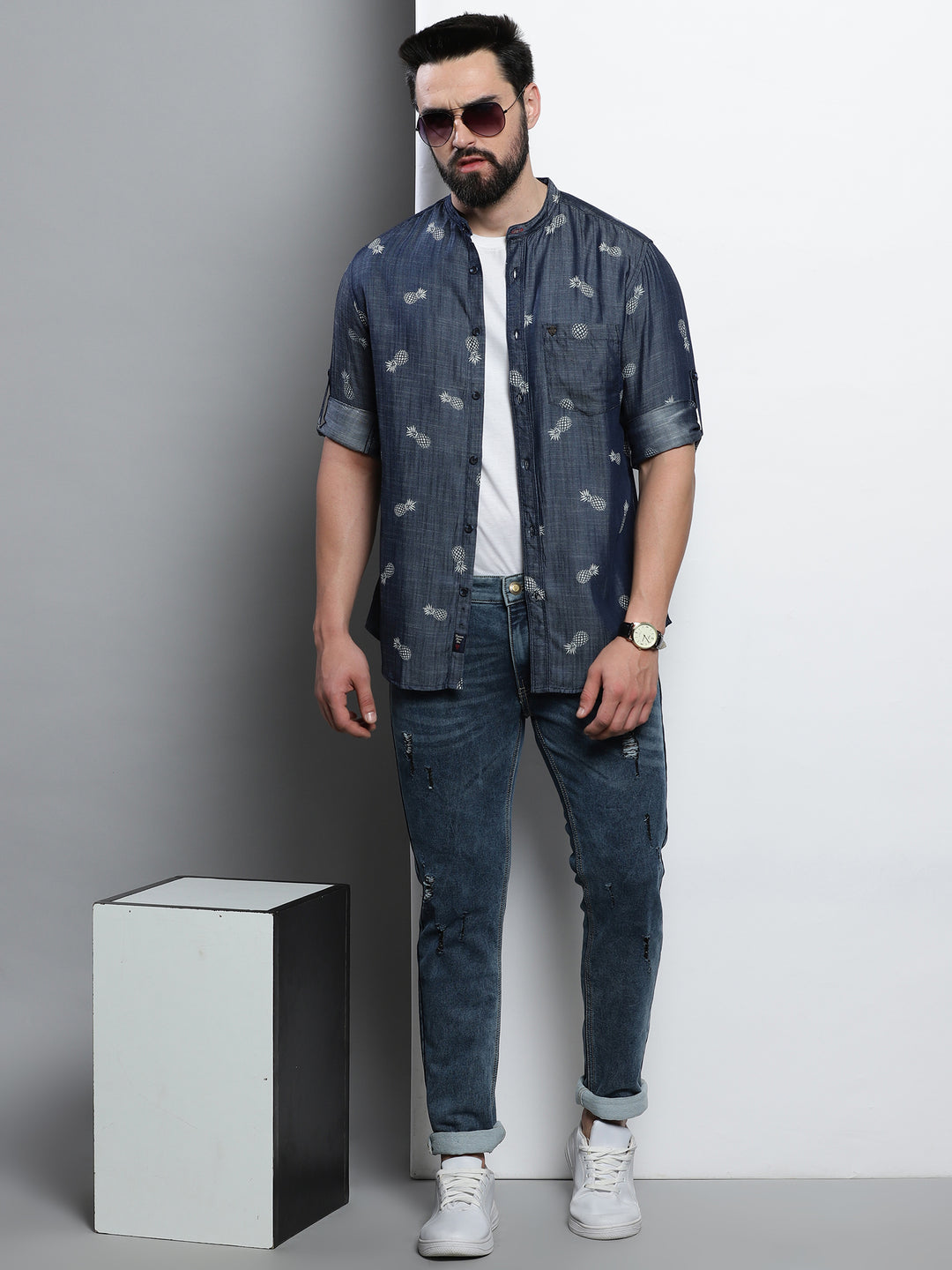 VUDUPineapple Print Denim ShirtRegular Fit