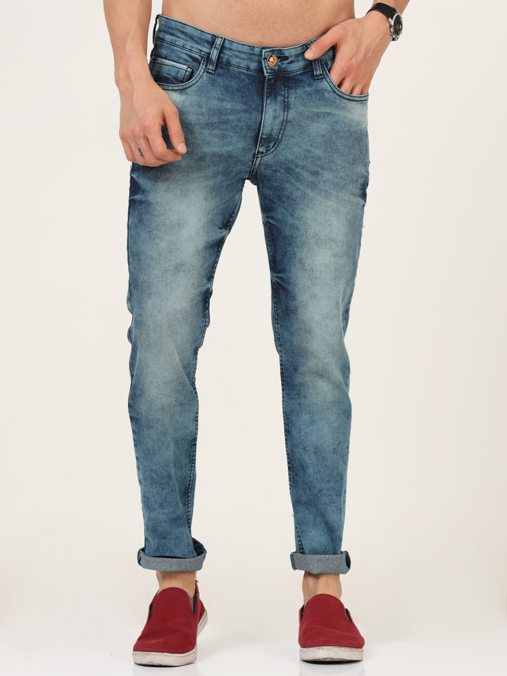 VUDUTextured Dark Blue DenimAnkle Slim Fit