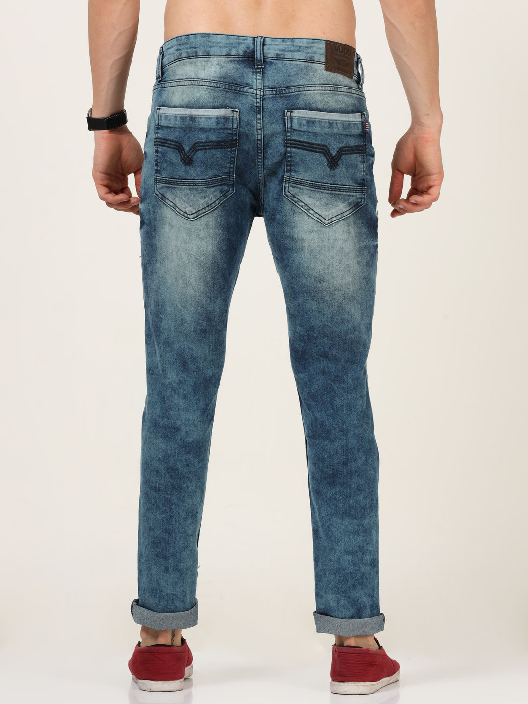 VUDUTextured Dark Blue DenimAnkle Slim Fit