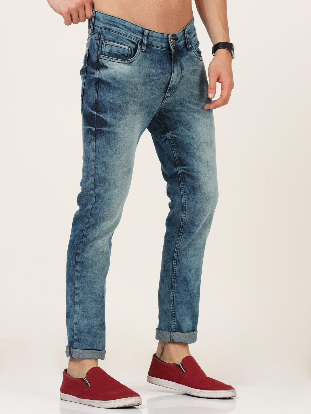 VUDUTextured Dark Blue DenimAnkle Slim Fit