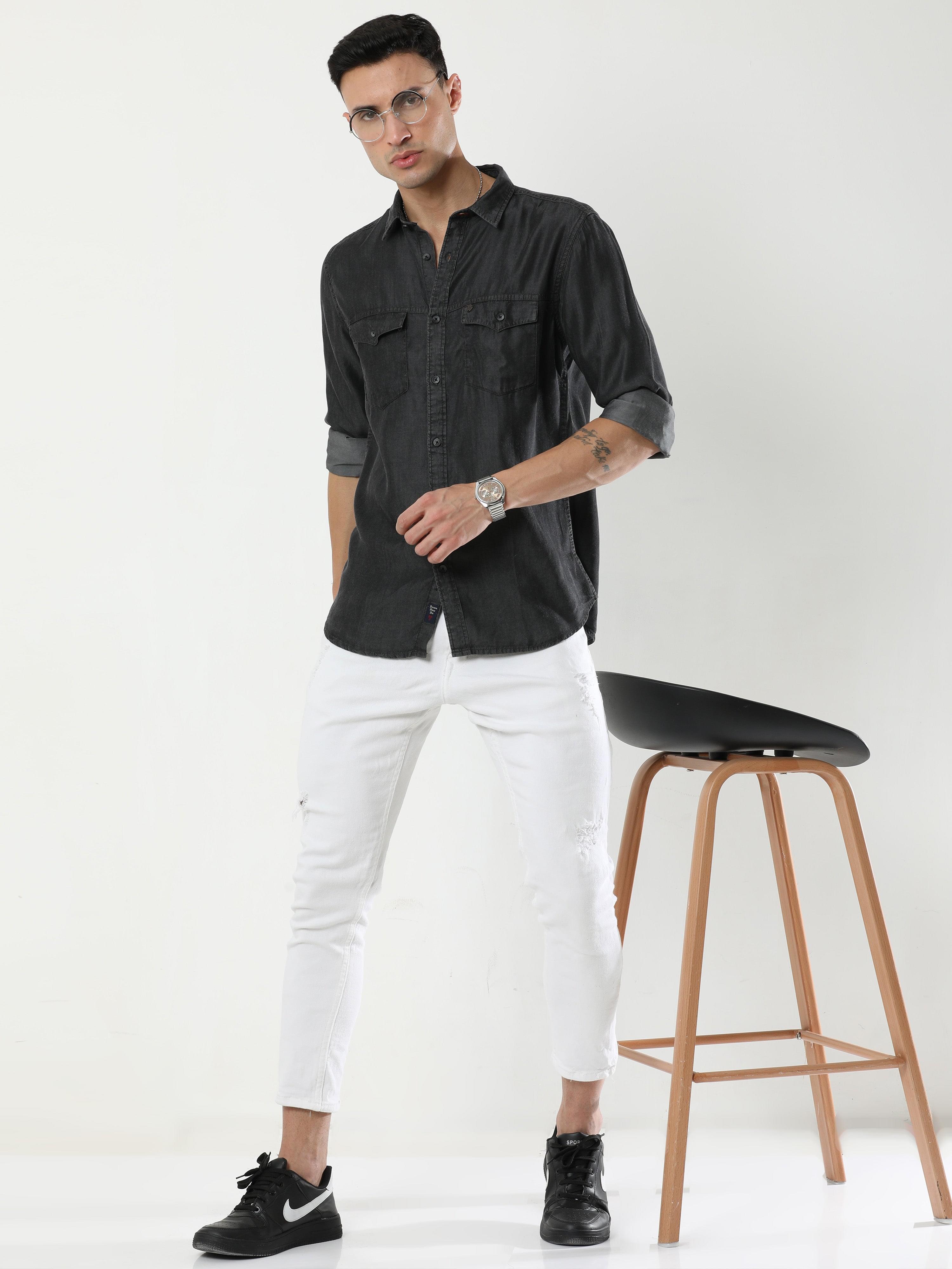 Edgy Double Denim: Oversized Denim Shirt & Black Distressed Jeans -  Meagan's Moda